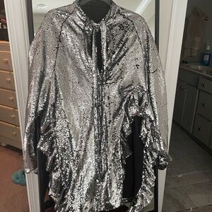 Sequin mock neck ruched thigh high split dress